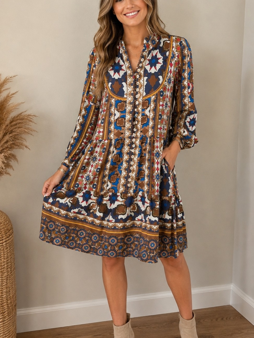 Farylina NWT Large Bohemian Printed Tiered Dress - Blue & Brown PTP 21